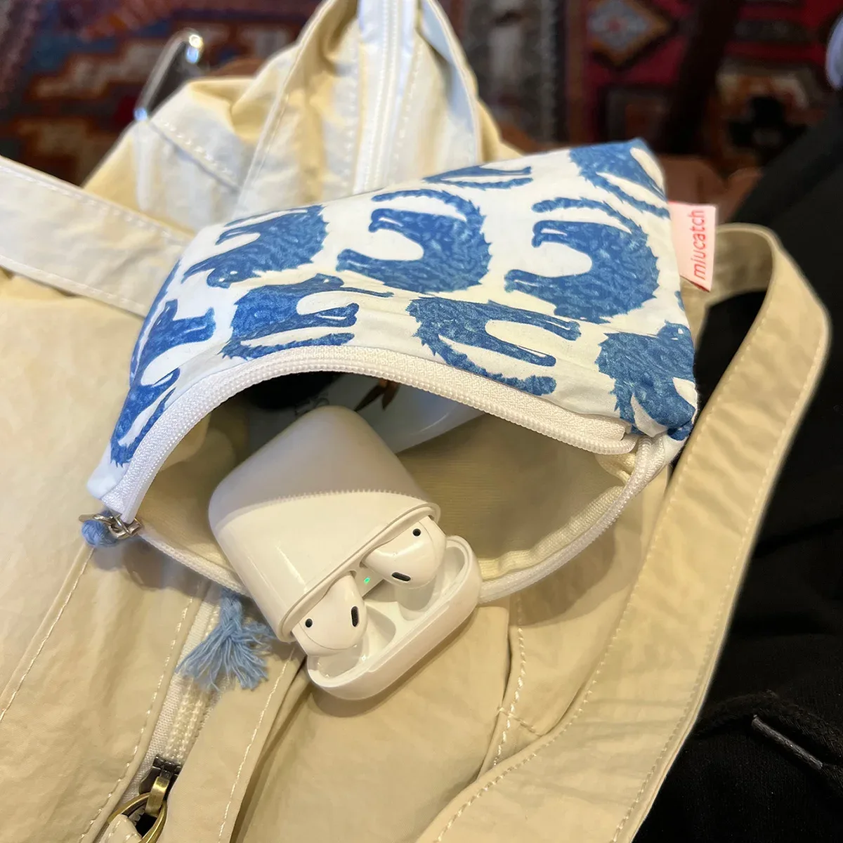 sac de maquillage graphique chat bleu, deux tons avec fermeture éclair, sac de maquillage imprimé de dessin animé, petit mini sac de rangement pour cosmétiques