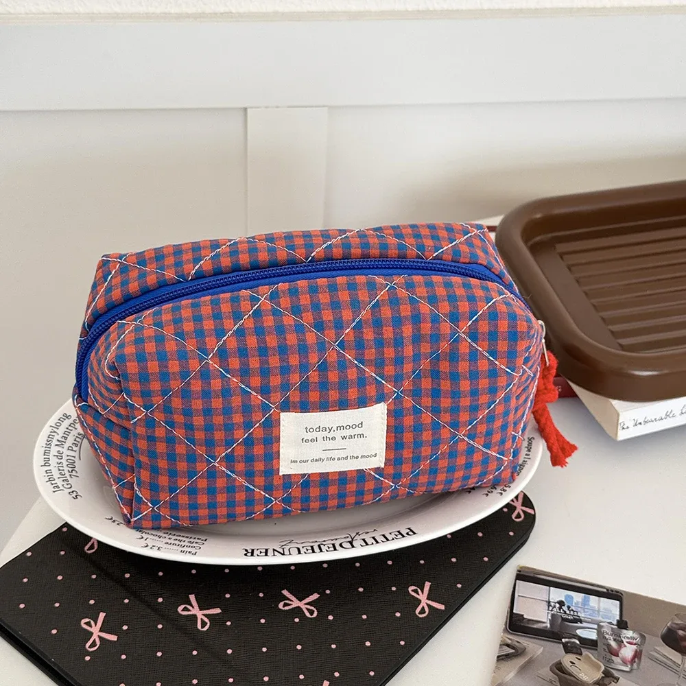 trousse polyester décontractée plaid violet rose orange bleu beige noir géométrique voyage cosmétique toile douce