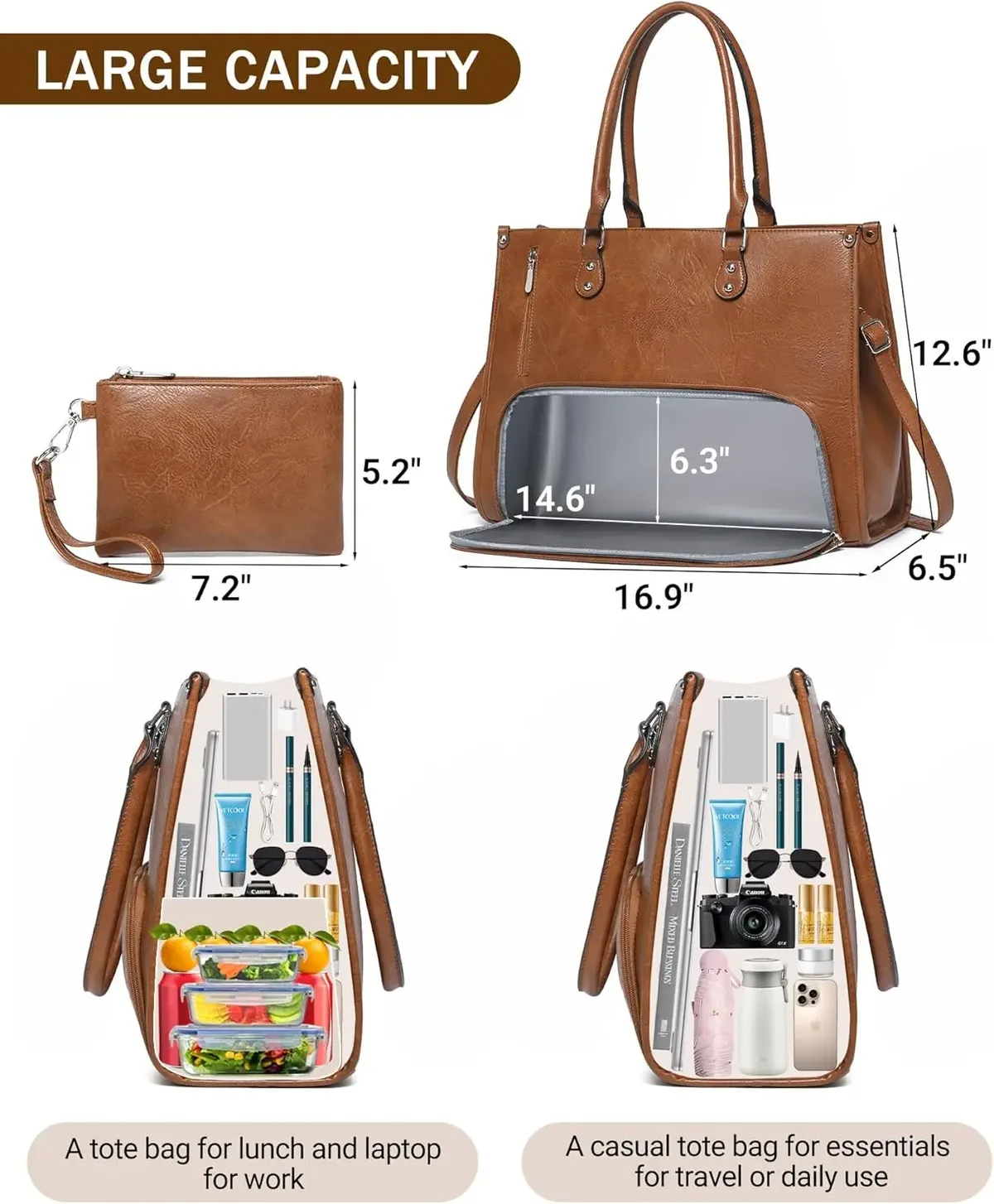 sac à main pour ordinateur portable 2 en 1 avec compartiment isotherme pour le déjeuner pour femmes au travail, sac à déjeuner en cuir pu avec compartiment pour ordinateur de 15,6 pouces