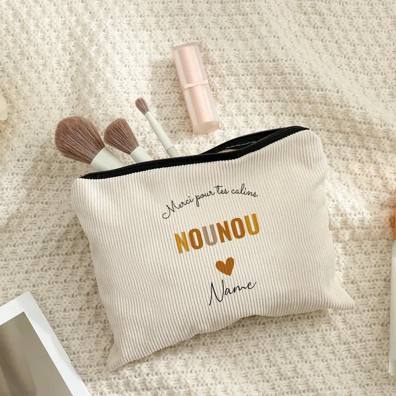 sac de maquillage personnalisé avec nom, lettres fleuries, motifs nounou, pochettes de toilette de voyage, nounou mère femmes, cadeau de remerciement de noël
