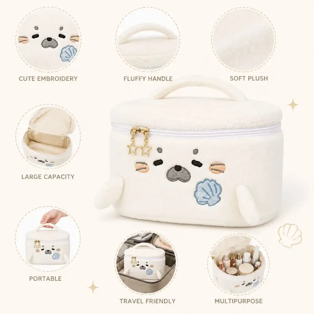 trousse de maquillage grande capacité motif brodé fluffy little seal, sac cosmétique portable de voyage multifonctionnel