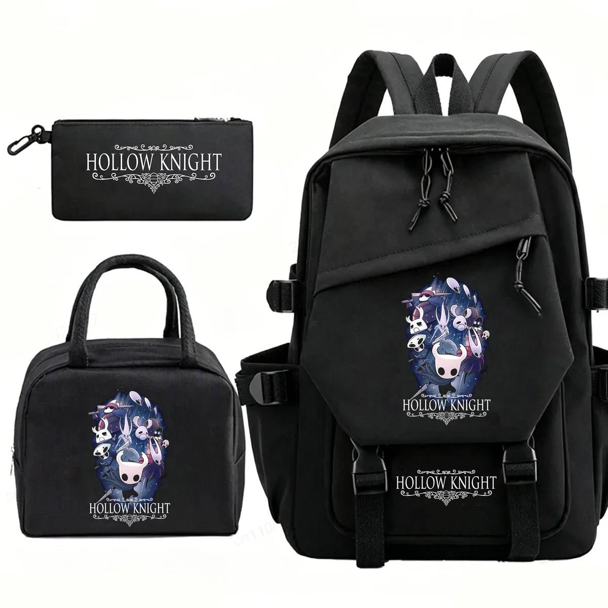 sac à dos hollow knight pour hommes et femmes, sac de voyage, sac à déjeuner, trousse à crayons, ensemble de 3 pièces, cartable pour étudiants