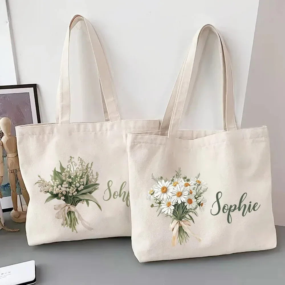 Sac à bandoulière personnalisé avec fleur du mois de naissance et nom, sac fourre-tout en toile monogramme, idéal pour mariage, anniversaire, fête, meilleur cadeau pour elle