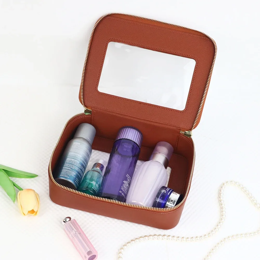 pochette à maquillage personnalisée en cuir, sac de rangement pour pinceaux de maquillage imperméable, sac de rangement portable en pvc pour soins de la peau, trousse de toilette