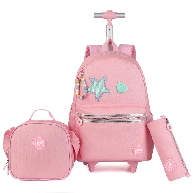 sacs à dos à roulettes avec sac à déjeuner pour filles, ensemble de sacs à roulettes pour filles, roulettes de 18 pouces, sac à dos scolaire à roulettes