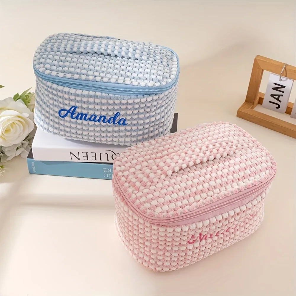 sac de maquillage en tissu doux avec broderie personnalisée, organiseur de cosmétiques de voyage personnalisé avec poche en filet pour pinceaux de maquillage