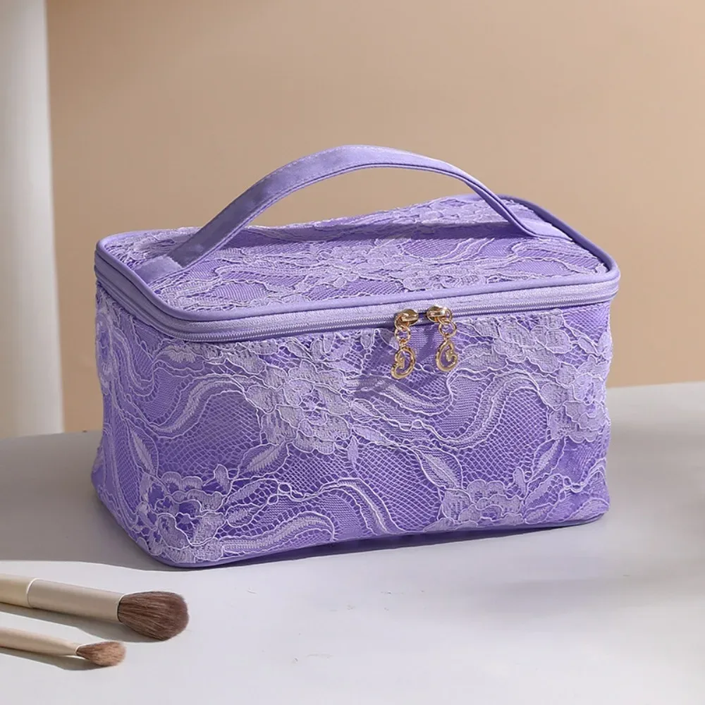 trousse de maquillage portable élégante, grande capacité, pochette de toilette de voyage en dentelle, motif floral avec poignée, sac de rangement de cosmétiques pour femmes