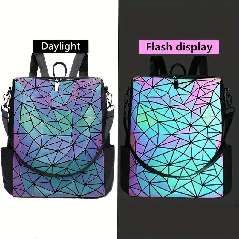 sac à dos lumineux tendance pour femmes, en pvc holographique, géométrique, pour adolescentes, sac de voyage mochila feminina
