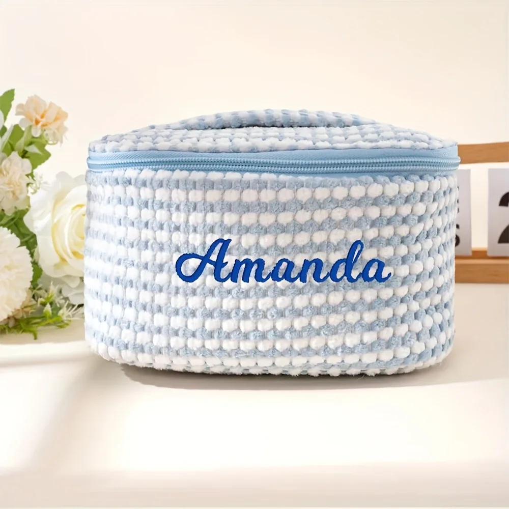 sac de maquillage en tissu doux avec broderie personnalisée, organiseur de cosmétiques de voyage personnalisé avec poche en filet pour pinceaux de maquillage