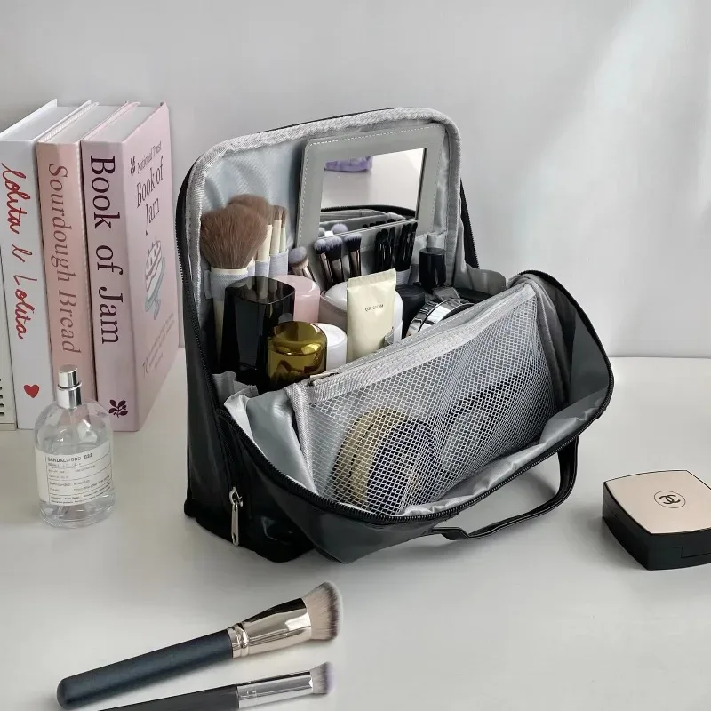 sac de maquillage portable grande capacité pour femmes, sac de voyage suspendu avec compartiments et miroir intégré, sac de rangement