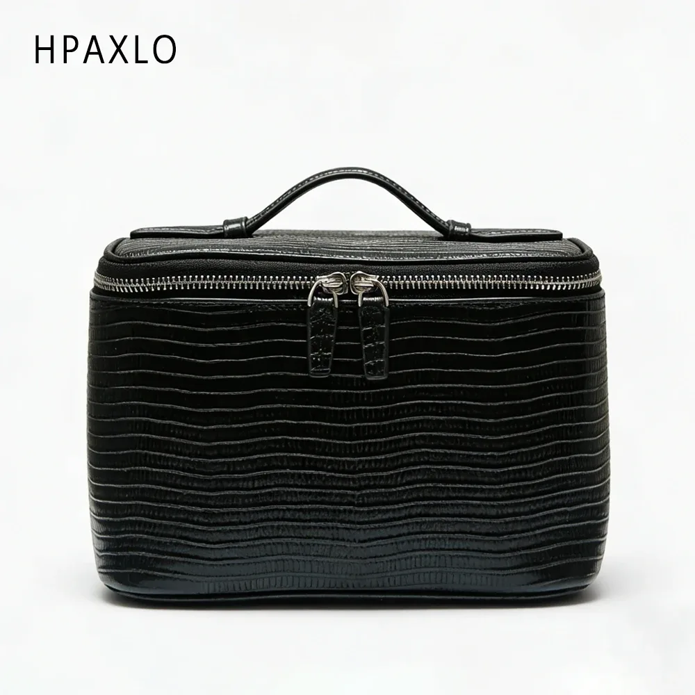 pochette de toilette en cuir véritable imprimé lézard, style ins, pour femme, organiseur de maquillage portable, trousse de voyage pour pinceaux et maquillage