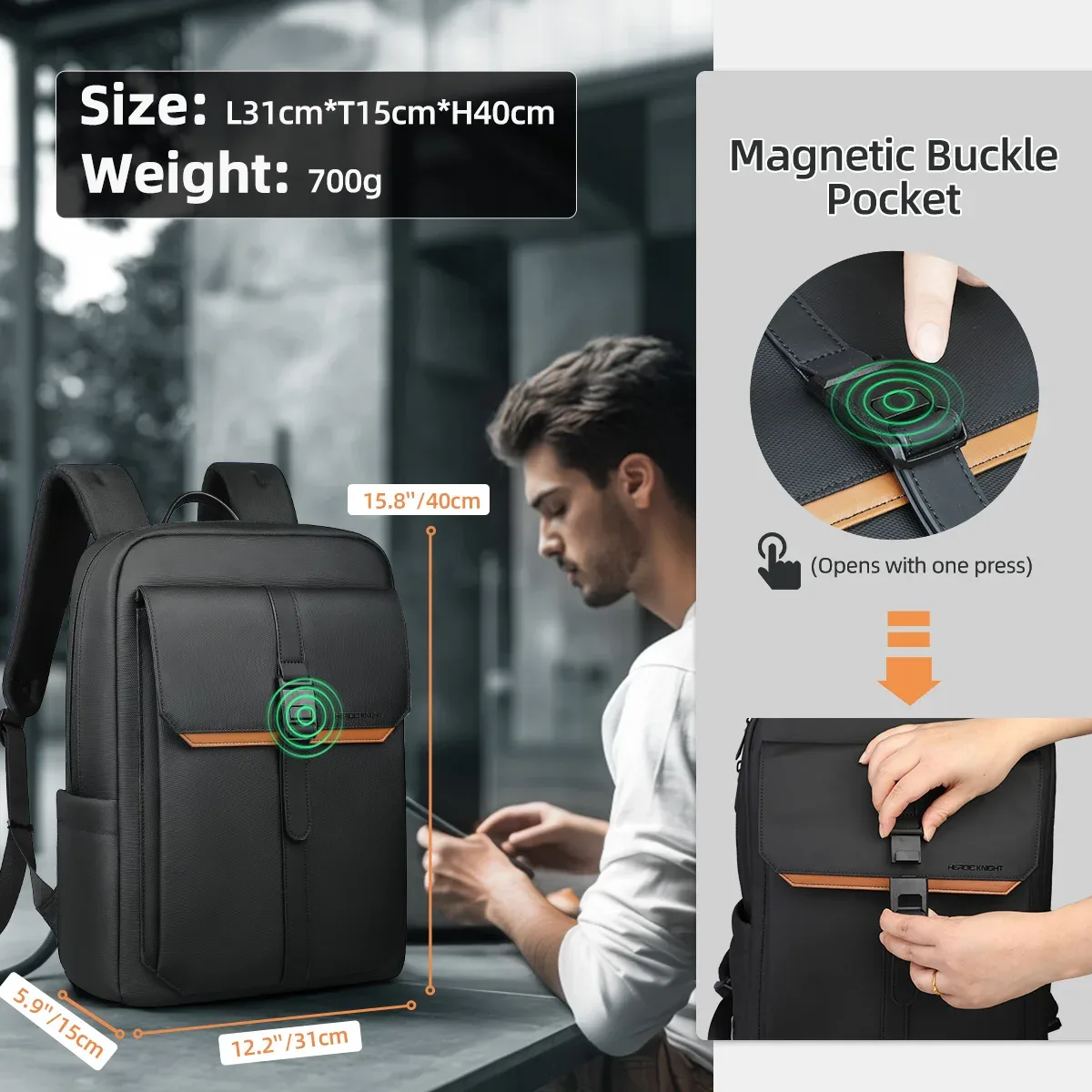 hk – sac à dos d'affaires élégant pour hommes, étanche, à rabat de 15.6 pouces, pour ordinateur portable, plusieurs poches, sac de jour décontracté pour le travail et l'école