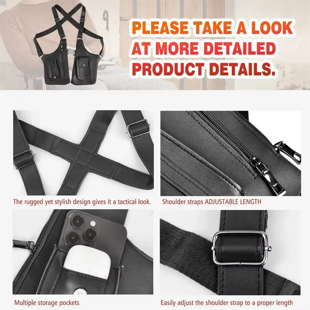 sac de poitrine rétro antivol multi-poches en cuir avec sangle dissimulée, sacoche multifonction pour téléphone portable, idéal pour la chasse
