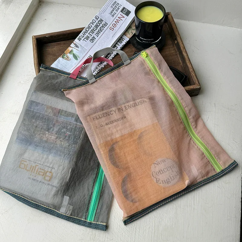 sac de rangement en nylon à maille translucide, sac d'identité, billet de voyage, ligne de données, rangement de stylos, sac à cosmétiques portable mince et pliable, trousse à crayons