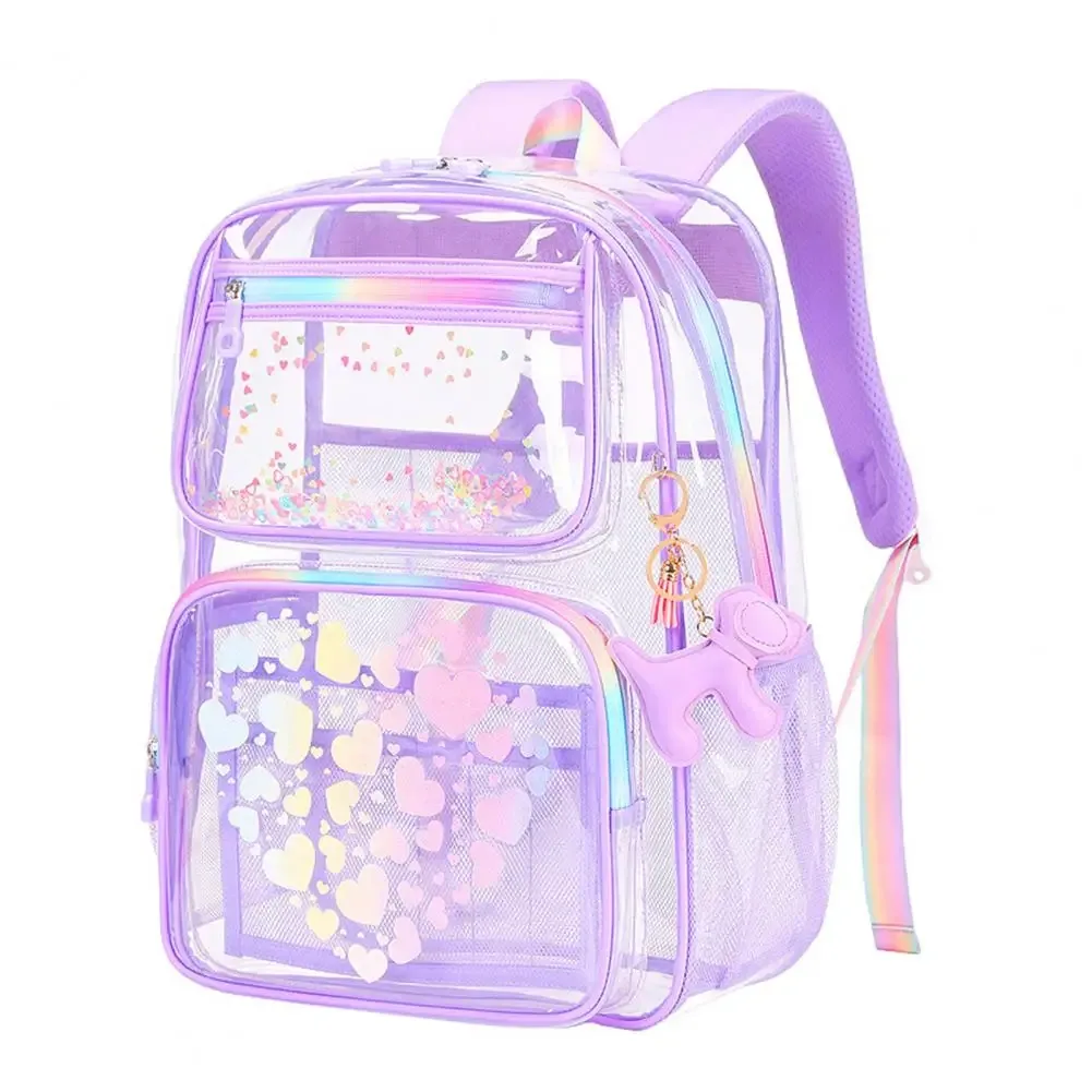 sac à dos transparent pour l'école, sac à dos imperméable avec imprimés en forme de cœur, compartiment principal, poches avant à fermeture éclair pour garçons et filles