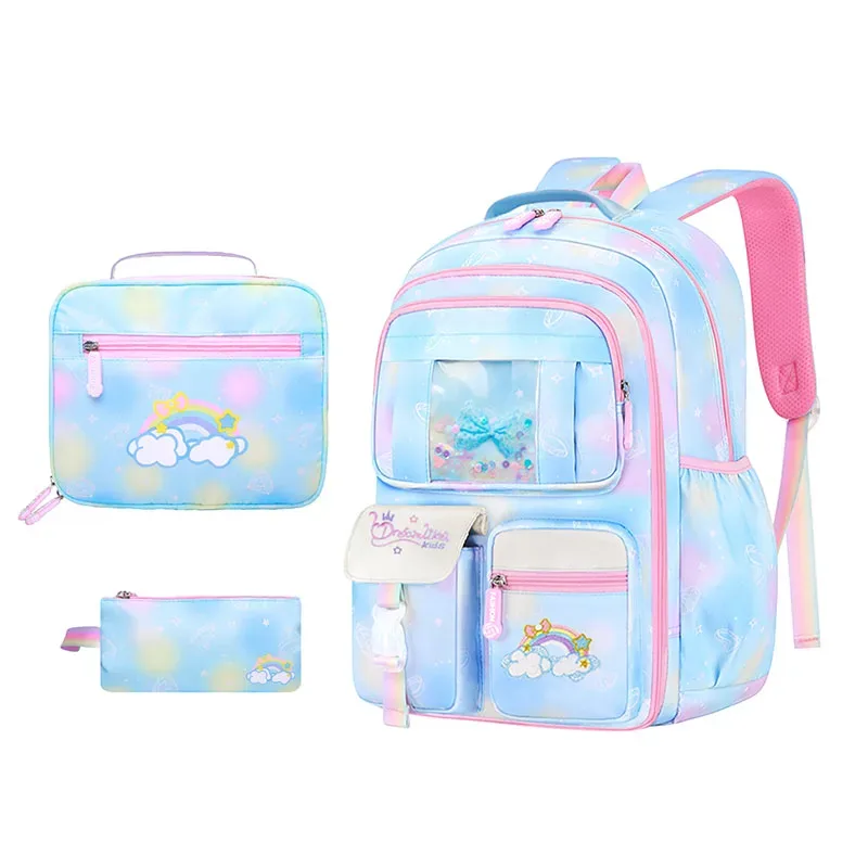 sac à dos d'école pour filles, 3 pièces, grande capacité, sac d'école pour enfants avec étui de transport pour crayons et déjeuner, sac à dos de voyage, cadeau pour enfant