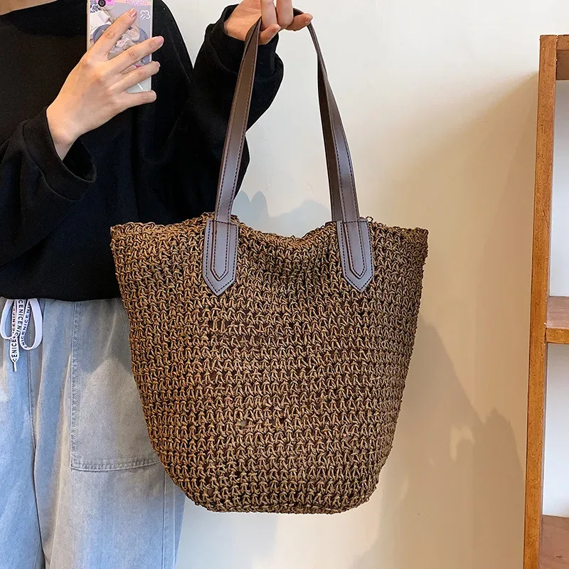 Sacs de plage d'été pour femmes, sacs à bandoulière tissés en rotin faits à la main, sac en paille de grande capacité, sac à main bohème décontracté de voyage, fourre-tout