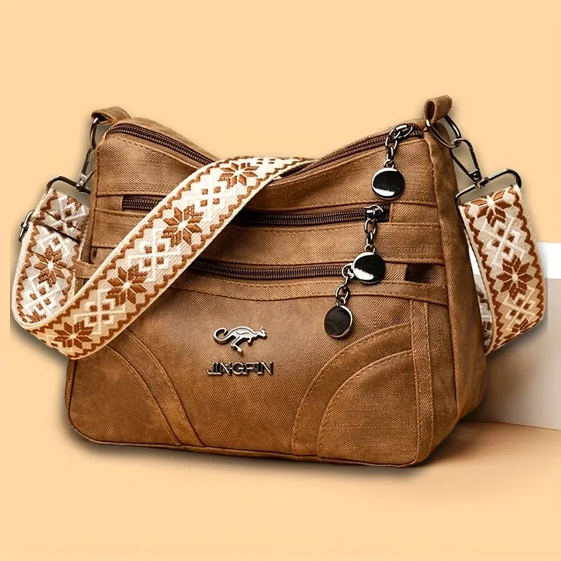 sac à bandoulière spacieux multi-poches pour femme, sac à bandoulière vintage en cuir souple avec sangle à motif ethnique pour la vie quotidienne