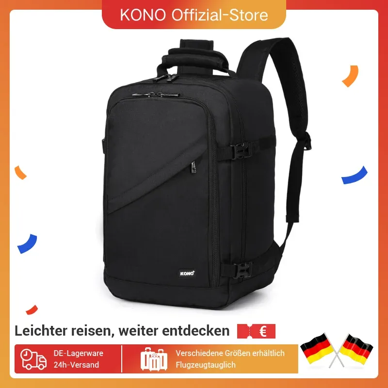 Kono sac de cabine 40x20x25 cm pour sac à dos de bagage à main Ryanair sous le siège, taille cabine 20L noir minimaliste