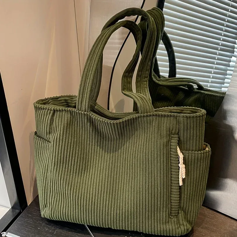 sac à main en velours côtelé léger et grande capacité avec fermeture éclair, couleur unie, sac à bandoulière décontracté pour les trajets quotidiens