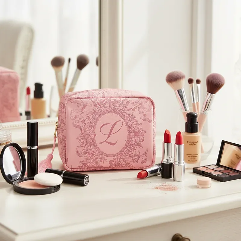pochette de maquillage en toile rose avec lettres imprimées, mini sac de rangement de voyage pour dames, sac de lavage de cosmétiques, mode beauté essentielle organi