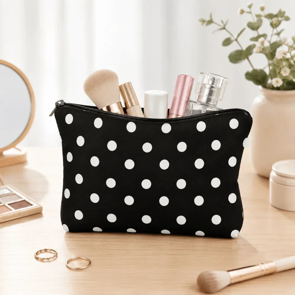 pochette de maquillage chic à pois en polyester, trousse de toilette portable avec fermeture éclair