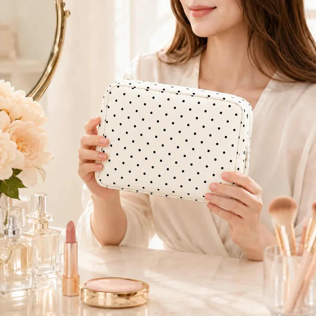 trousse de maquillage noire à pois, pochette portable grande capacité, organisateur de toilette pour femmes, essentiels de beauté quotidiens et de voyage