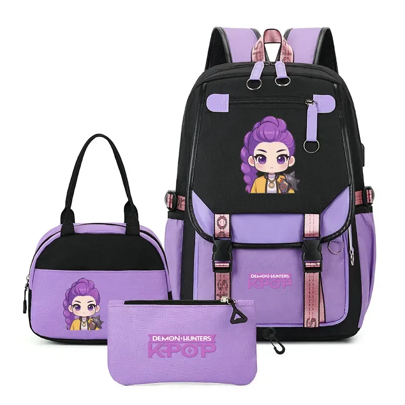 sac à dos kpop demon hunter pour adolescents, cartable de grande capacité, 3 pièces/ensemble avec sac à lunch pour femmes, étudiants, décontracté, confortable, pour voyage, mochilas