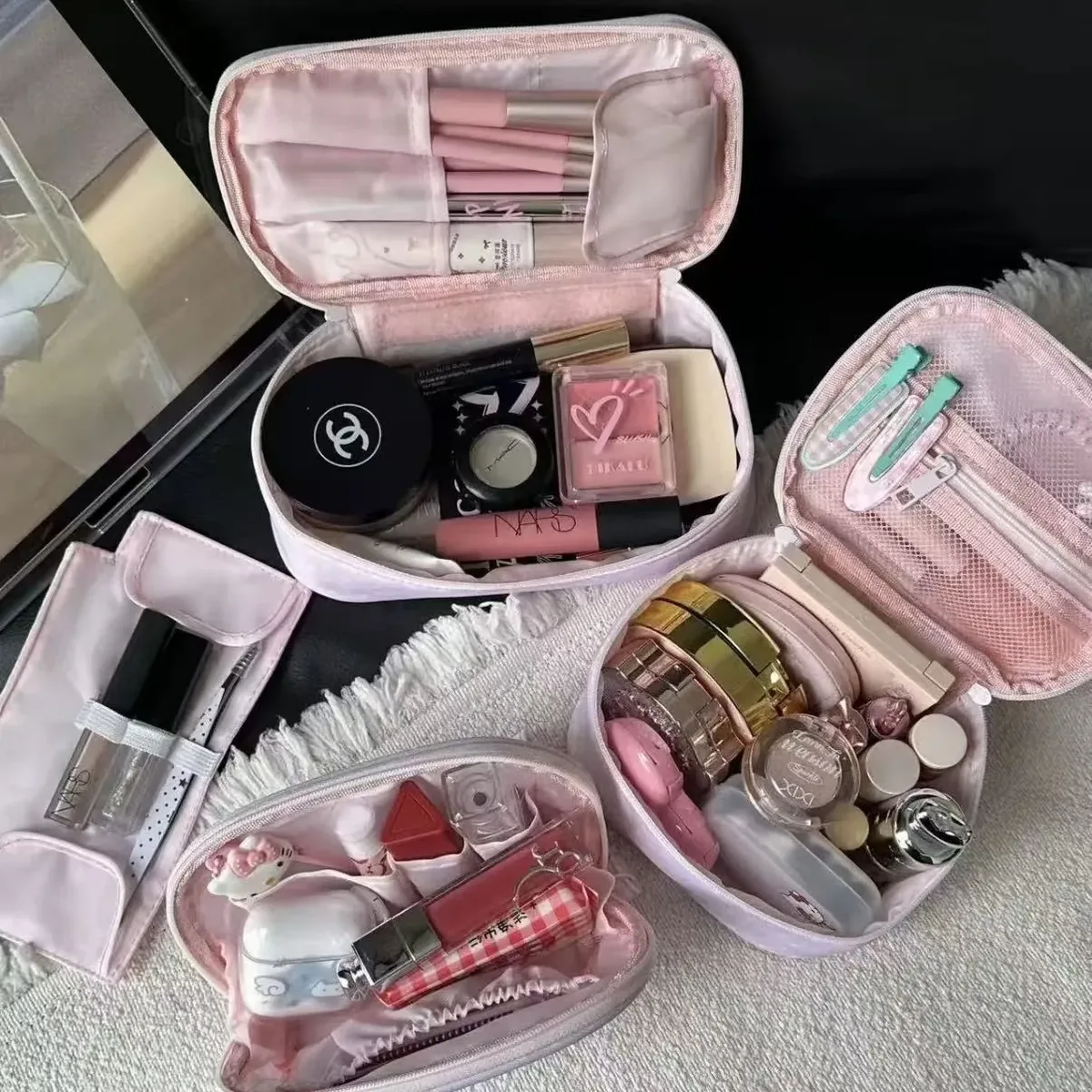 trousse de maquillage grande capacité à pois pour femme, sac de rangement cosmétique portable de voyage, trousse de toilette multifonctionnelle rose style ins