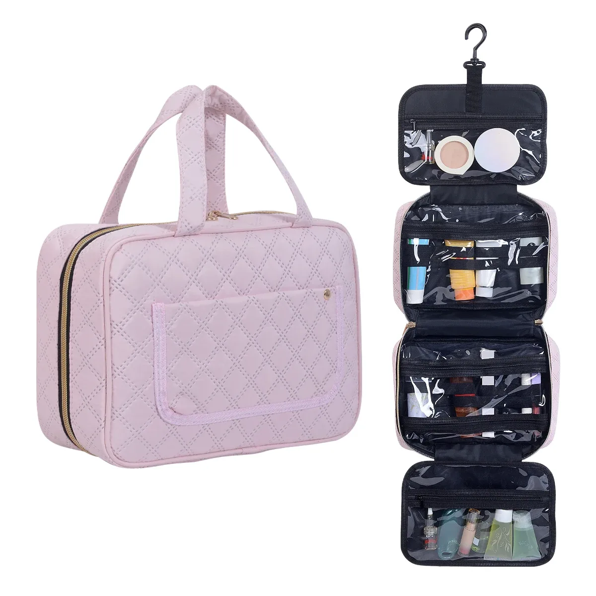 uozl organisateur de toilette suspendu de grande capacité-étui de maquillage en polyester noir imperméable avec fermeture éclair dorée, multi-compartiments de