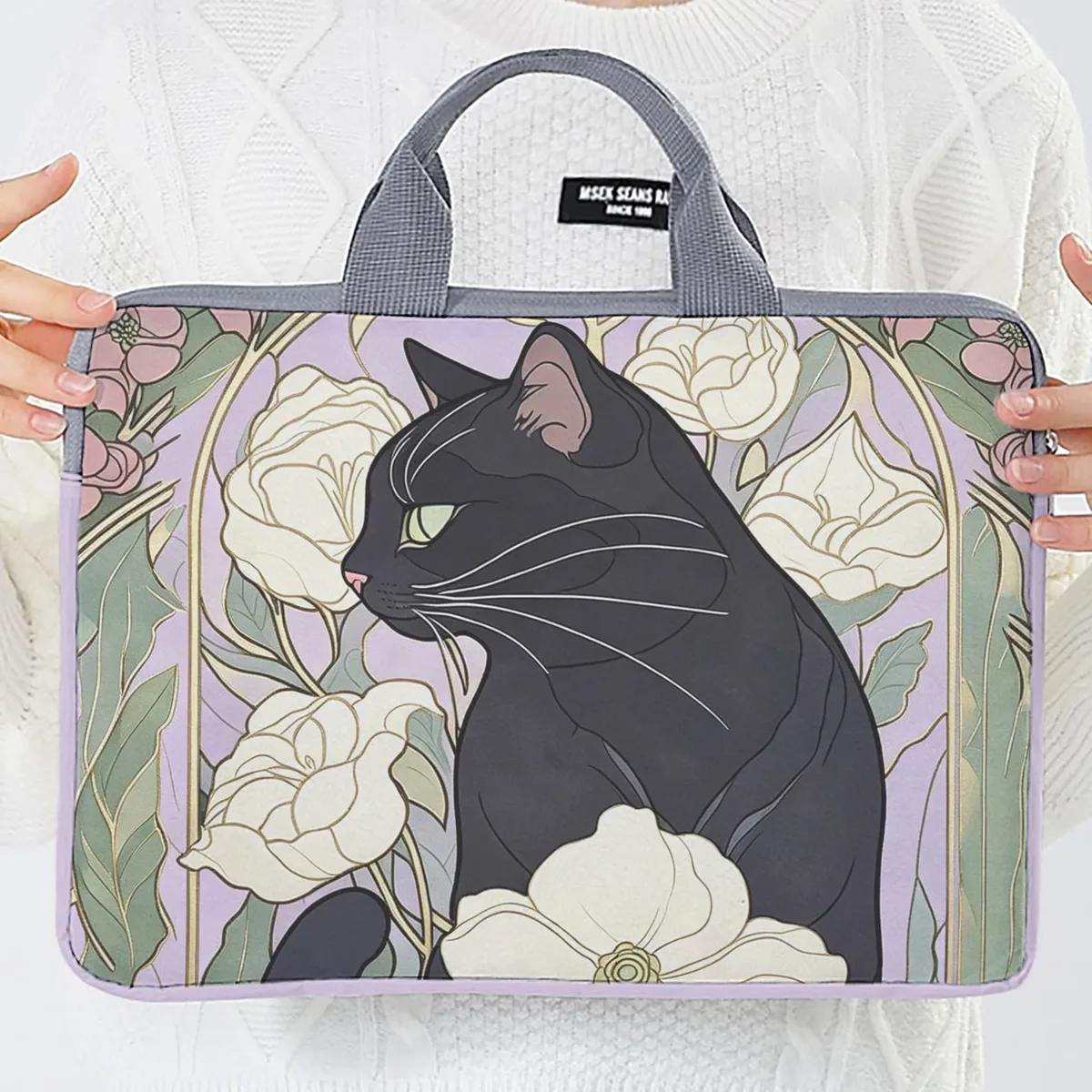 housse ordinateur portable impression chat noir fleurs polyester protection voyage travailler transport document travail