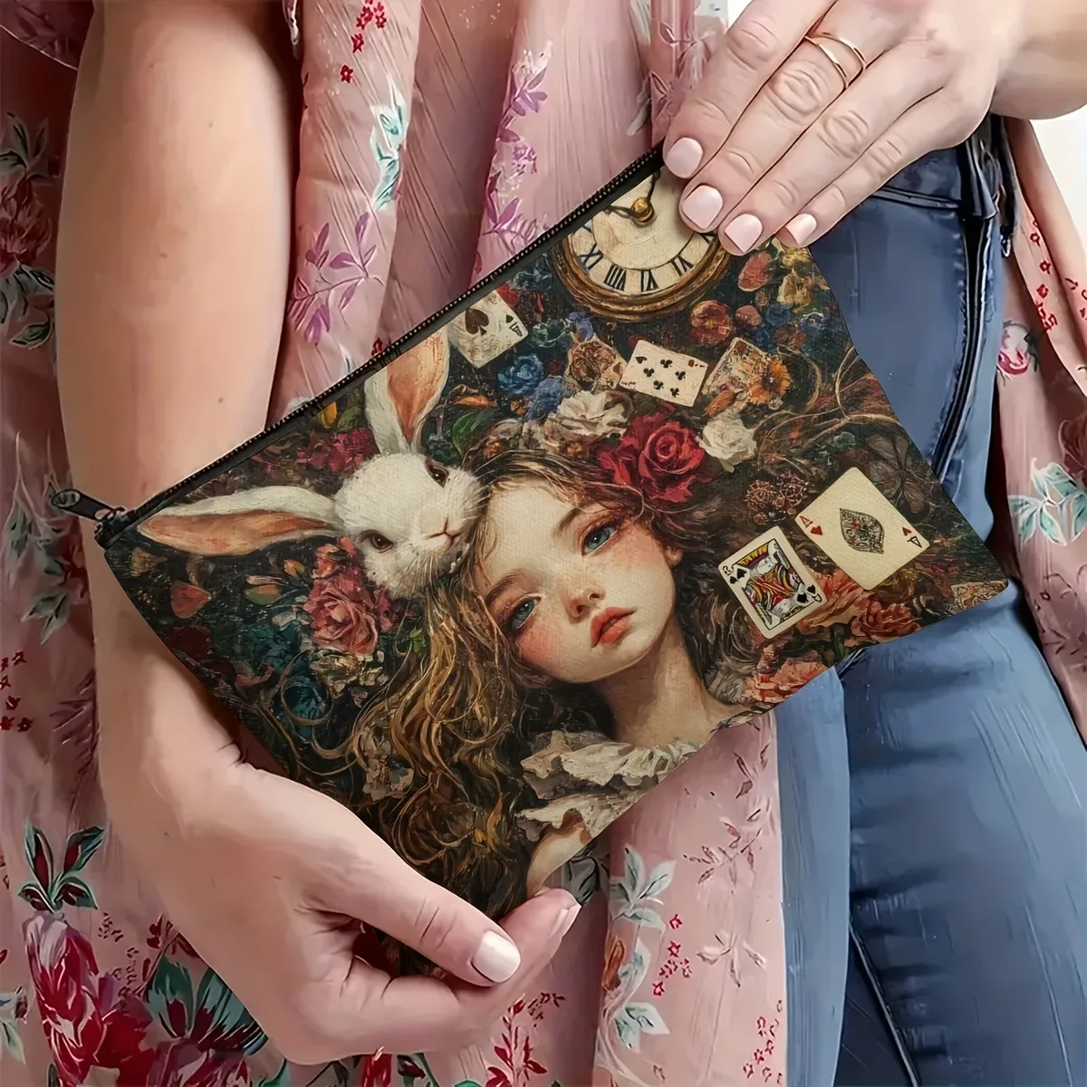 trousse de maquillage fantaisie – conception de lapin de rêve et de cartes à jouer, pochette cosmétique blanche avec fermeture à glissière
