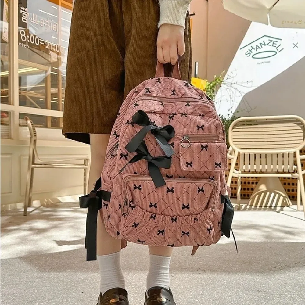sac à dos tendance en velours côtelé avec nœud, style ins, imprimé nœud, polyvalent, grande capacité, pour étudiantes