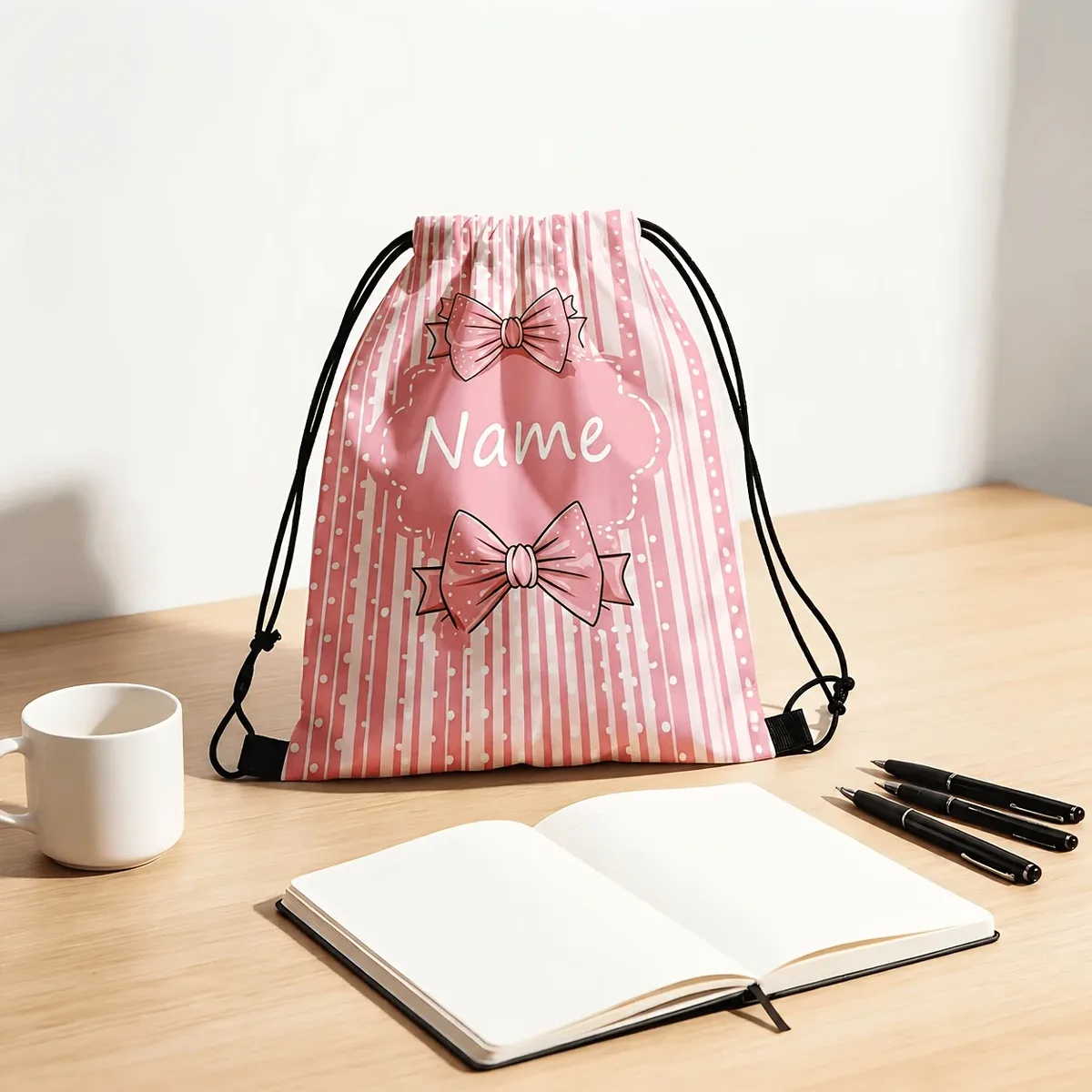 sac à dos personnalisé rose à rayures avec cordon de serrage, nom personnalisé, sac de sport avec poches pour voyage, extérieur, vacances, cadeau de noël