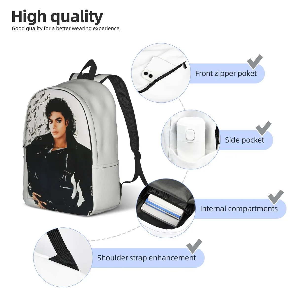 sac à dos vintage de la collection « retour à l’école », style pop, avec l’effigie de michael jackson, idéal pour les étudiants et pour ranger les collations.
