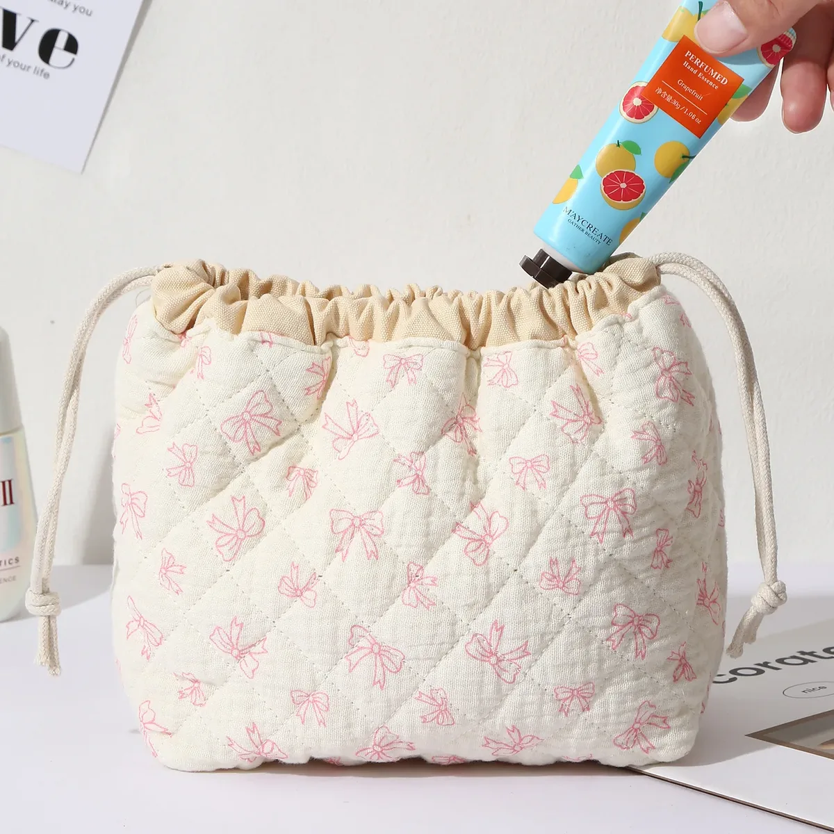 sac de rangement portable de voyage grande capacité avec cordon de serrage, en forme de coquille, mignon, de niche, pochette de rangement polyvalente en coton