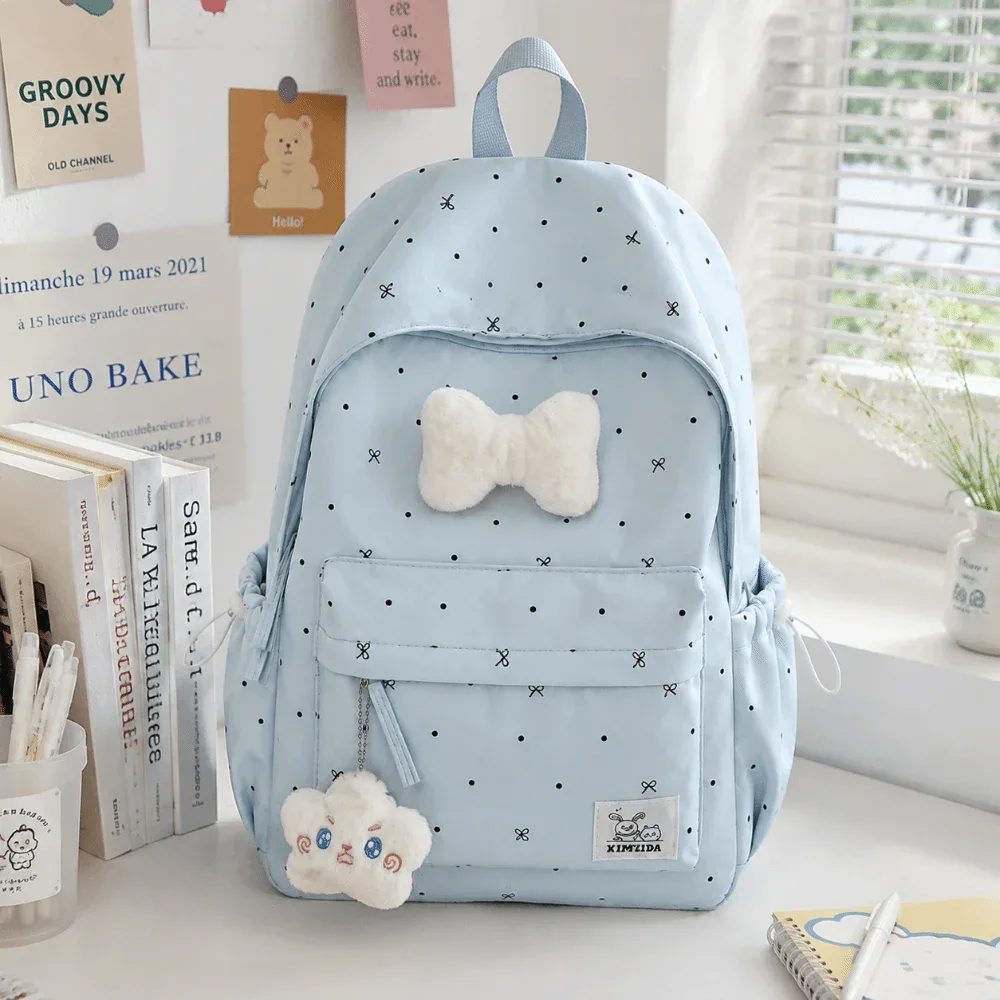 sac à dos léger à pois avec nœud papillon, respirant, pour étudiants, sac à dos décontracté polyvalent de grande capacité pour filles