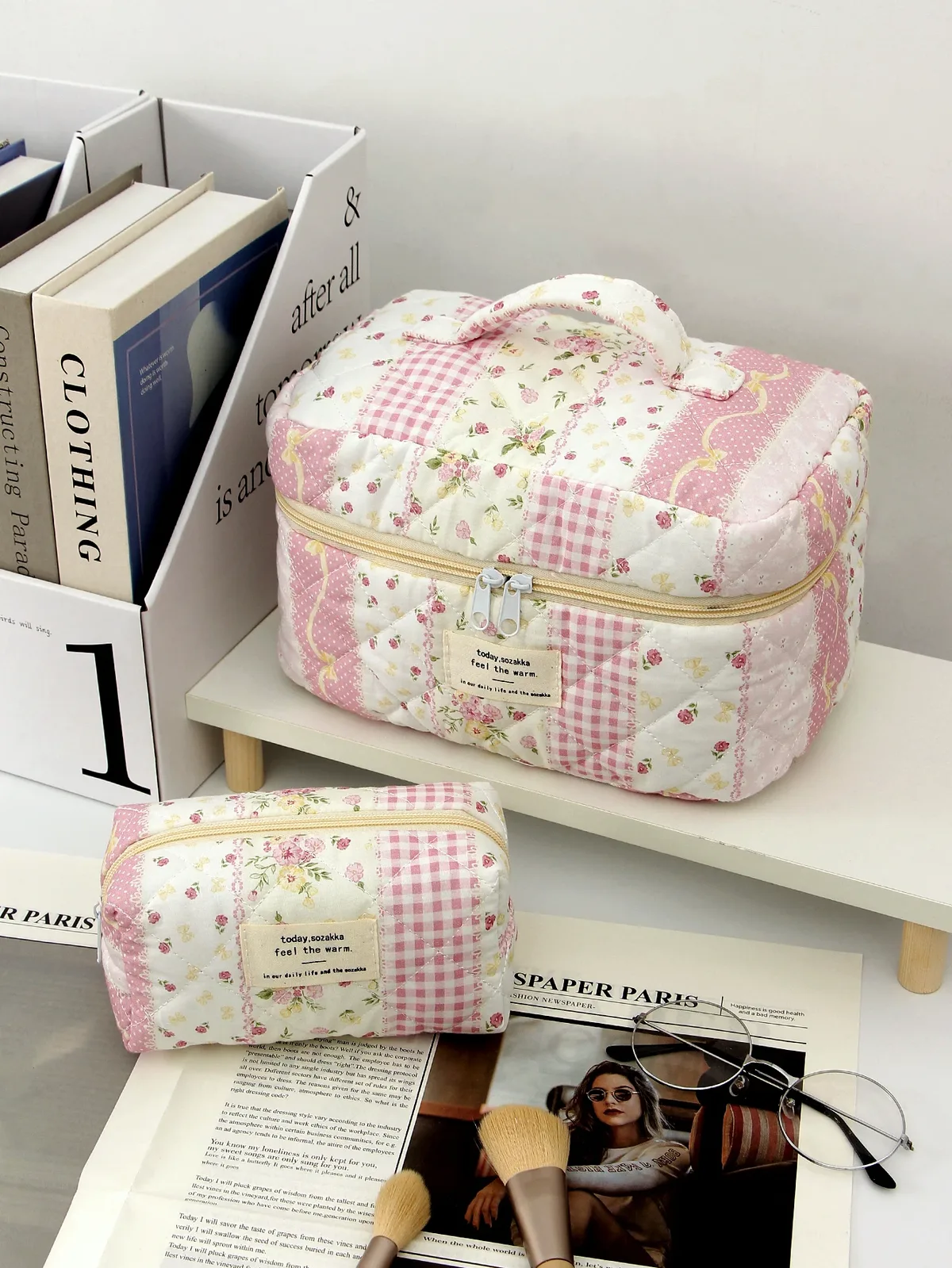 trousse toilette polyester motifs floral géométrique rose blanc beige voyage grande capacité maquillage cosmétiques