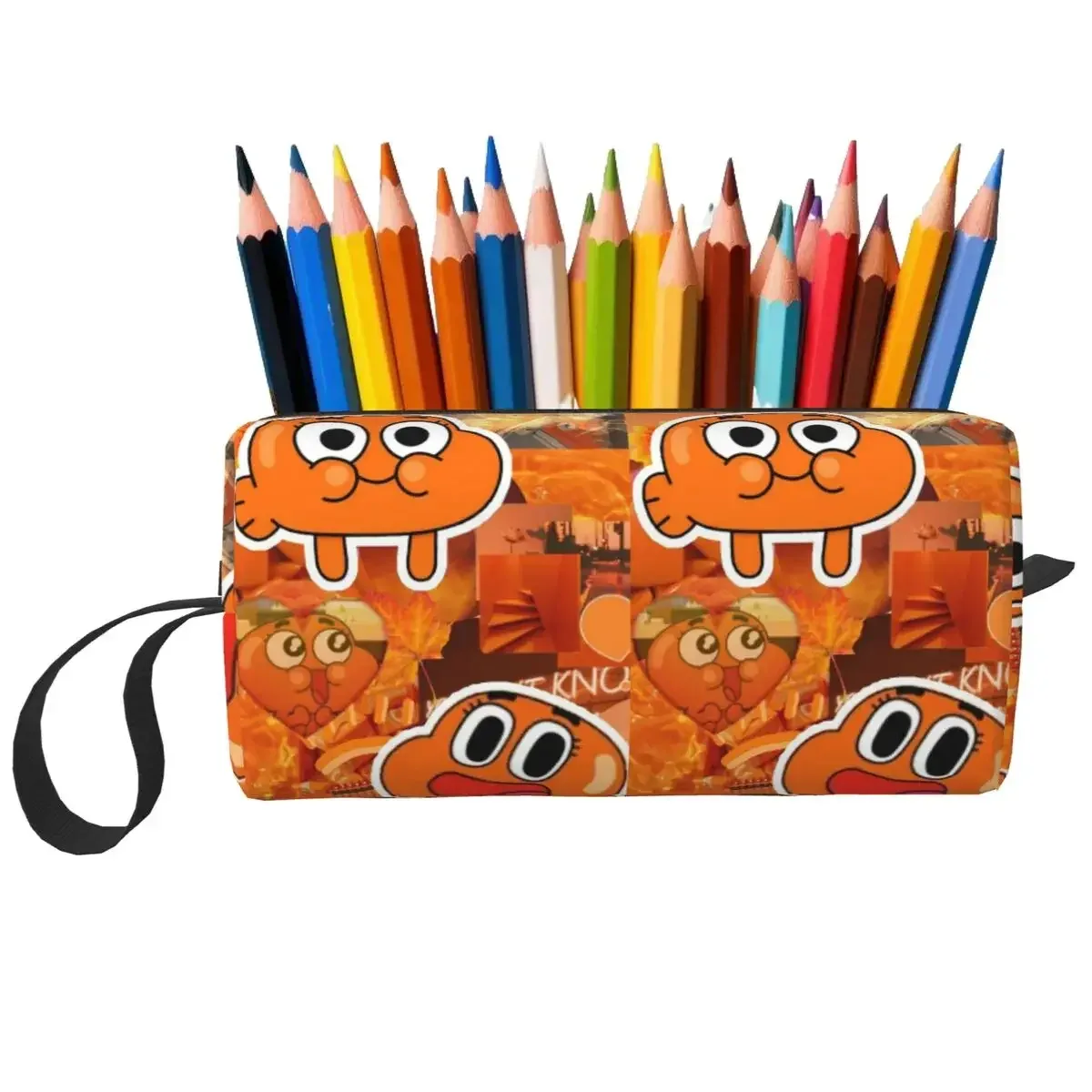 Trousse Toilette Polyester Imprimé Personnage Orange Jaune Bohème Format Rectangulaire Poignée Noire Usage Voyage Cosmétiques Maquillage
