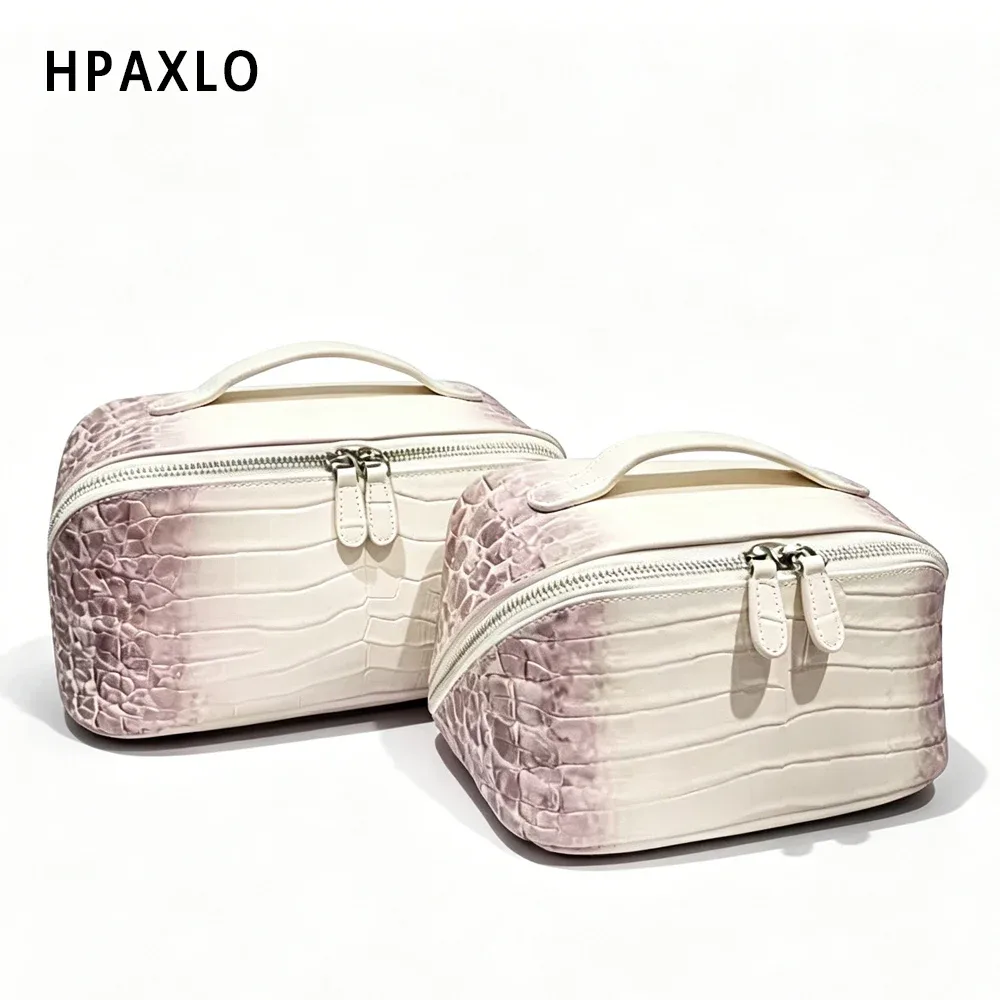 nouvelle trousse de maquillage premium pour femme en cuir véritable, organisateur cosmétique de voyage, couleur himalaya, motif crocodile embossé