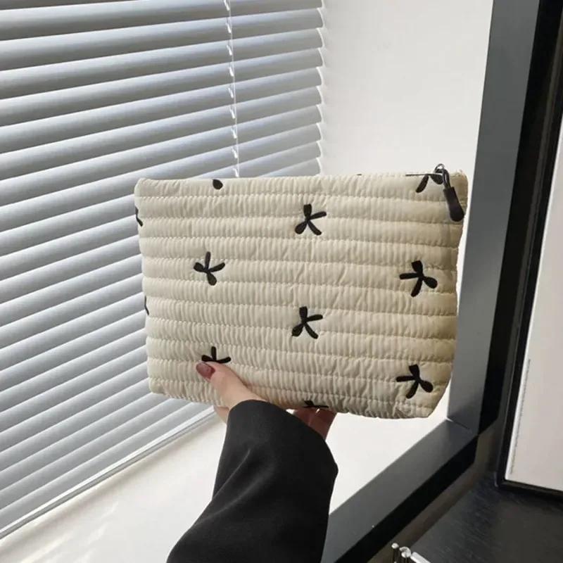 Trousse de maquillage mignonne avec fermeture éclair, sac à cosmétiques de grande capacité, sac de rangement de lavage avec nœud brodé