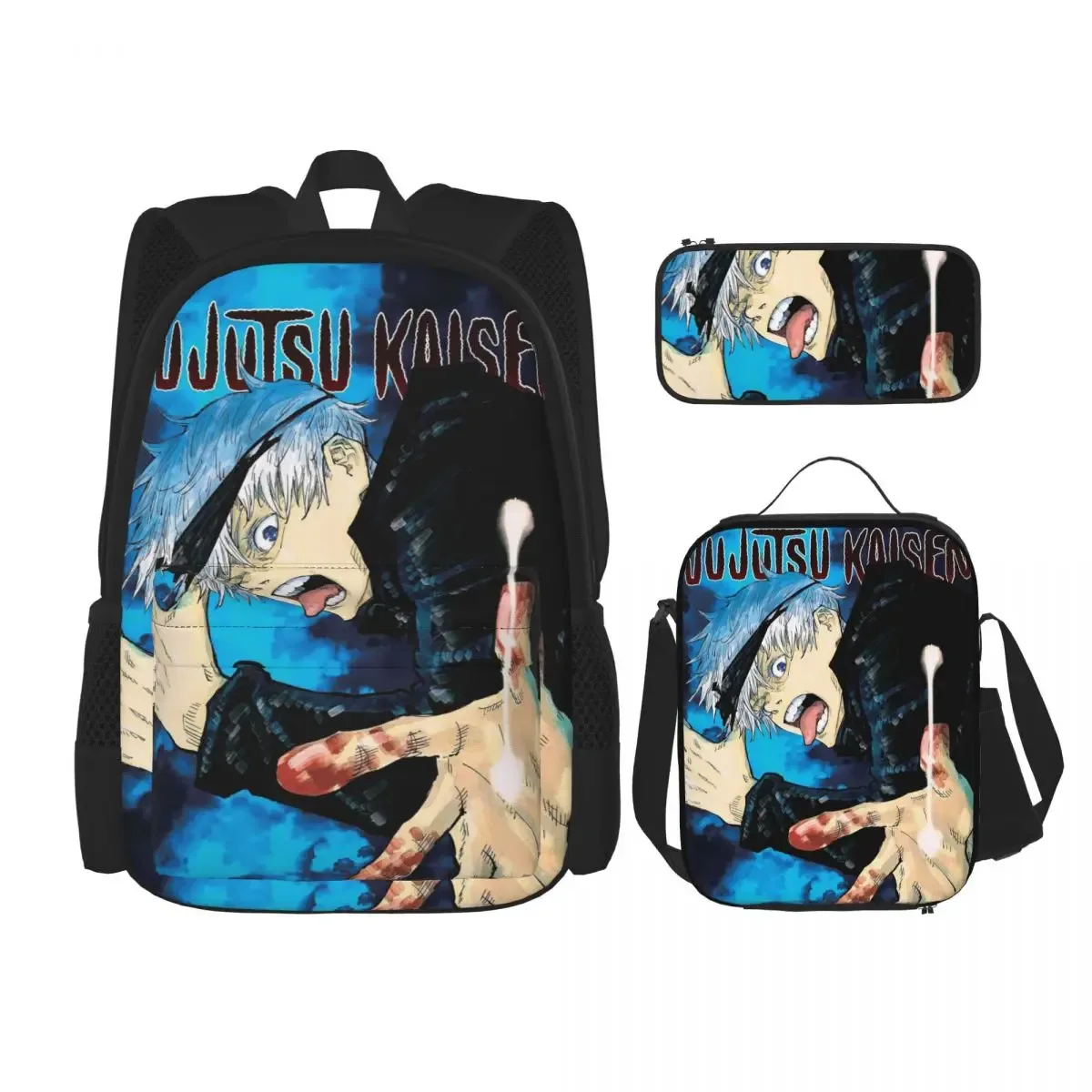 sac dos polyester noir motif animé format grand volume usage étudiant lycéen informatique bandes latérales pochette stylos sac main assorti
