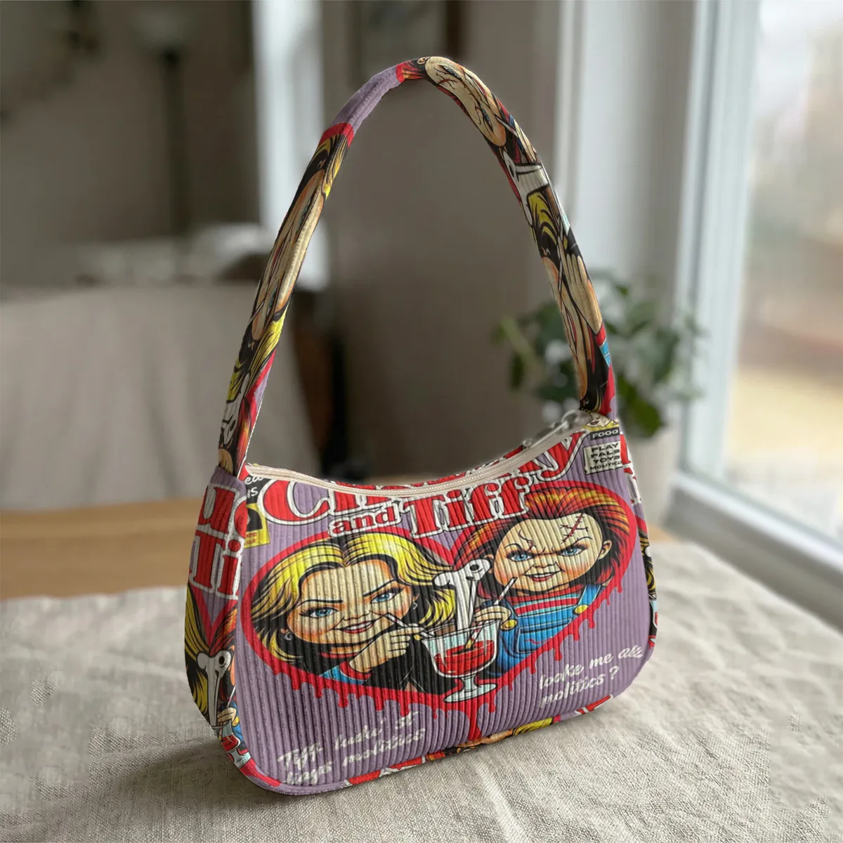 sac à bandoulière tendance imprimé chucky & tiffany, sac sous le bras en velours côtelé pour un usage quotidien décontracté