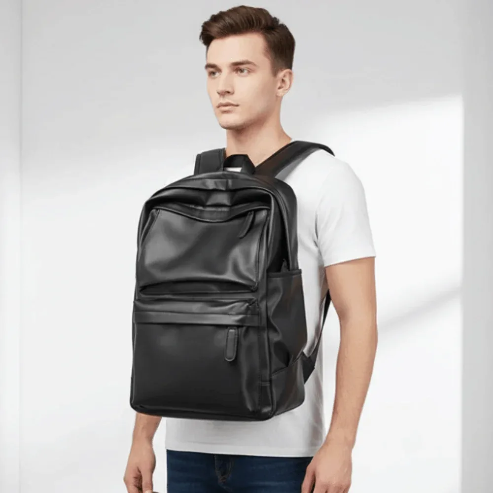 sac à dos en cuir pvc pour homme, résistant à l'eau, avec bretelles rembourrées, sac d'école pour ordinateur portable, double compartiment latéral, poche zippée cachée