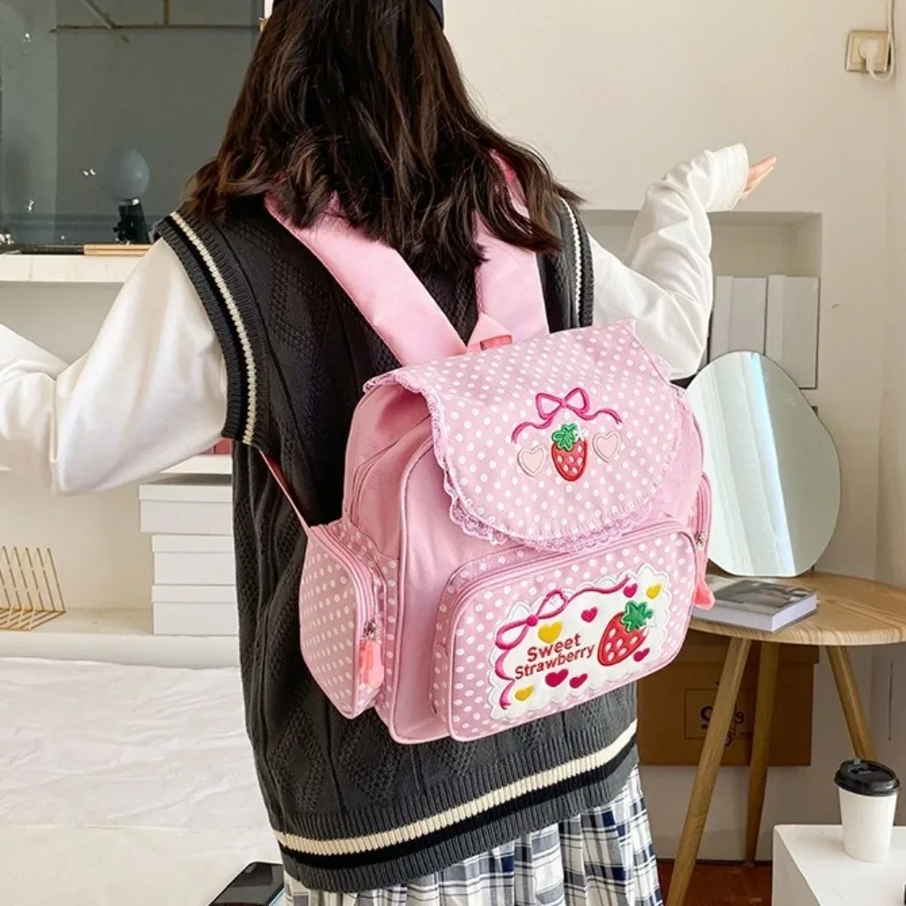sac à dos scolaire tendance pour fille, motif fraise de dessin animé, à pois, avec nœud, multi-poches, pour étudiante