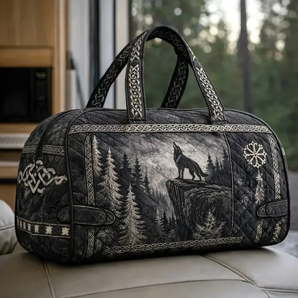 sac de voyage matelassé imprimé loup et forêt, poignées à nœuds celtiques, sac fourre-tout de voyage, sac à main pour femmes et hommes, sacs de week-end