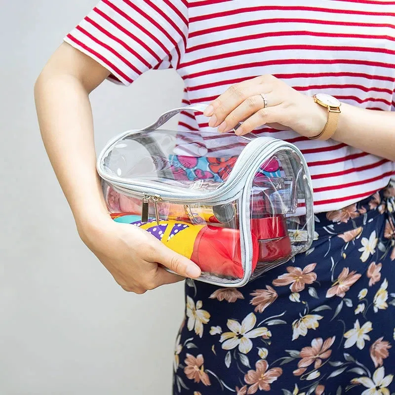 sac à cosmétiques de voyage transparent étanche de grande capacité, pochette de rangement de maquillage portable en pvc, trousse de toilette à fermeture éclair