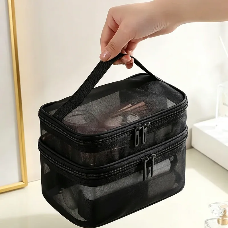 Pochette cosmétique portable en maille, grande capacité, organiseur de toilette, sac de rangement multifonctionnel pour maquillage de voyage