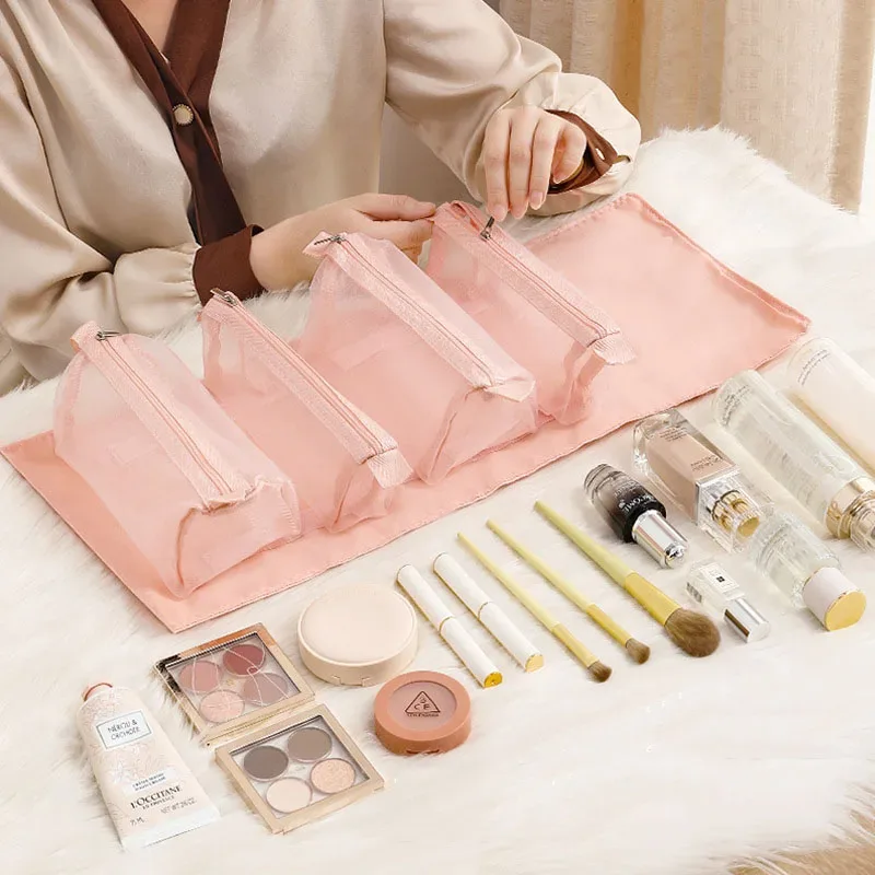 nouveau sac de maquillage pour femmes 4 en 1, sacs de rangement pliables et détachables en maille de nylon, sac de toilette cosmétique de voyage portable de grande capacité
