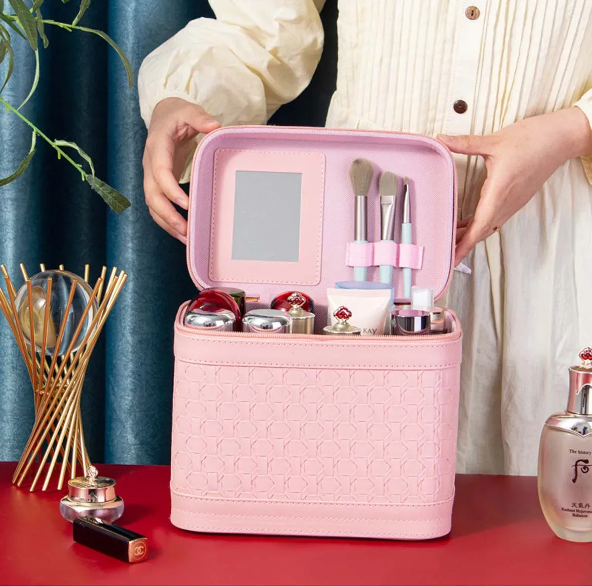 trousse de maquillage portable beauty master : boîte de rangement cosmétique de luxe avec foulard en soie offert